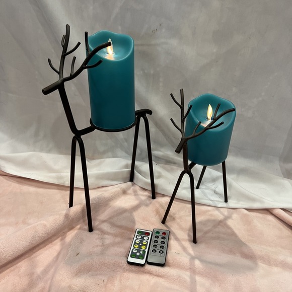 2 Reindeer Candle Holders Standing Iron Metal with flames less remote candles - Picture 1 of 8
